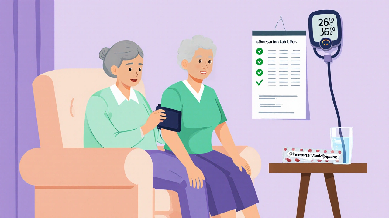Caregiver helping senior stand while monitoring blood pressure and lab results, with a combo pill nearby.