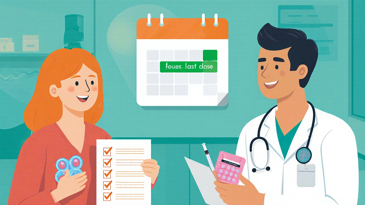 Cartoon couple with doctor reviewing two contraception methods and a calendar.