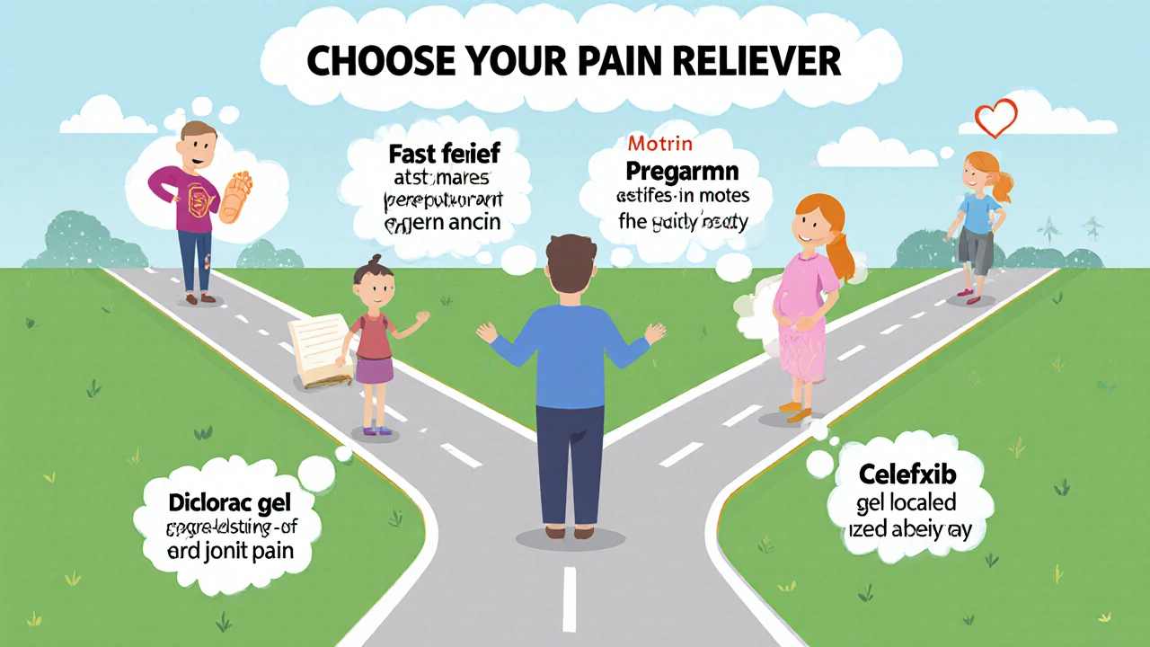 Cartoon scene of a person at a crossroads choosing different pain relievers for various health scenarios.