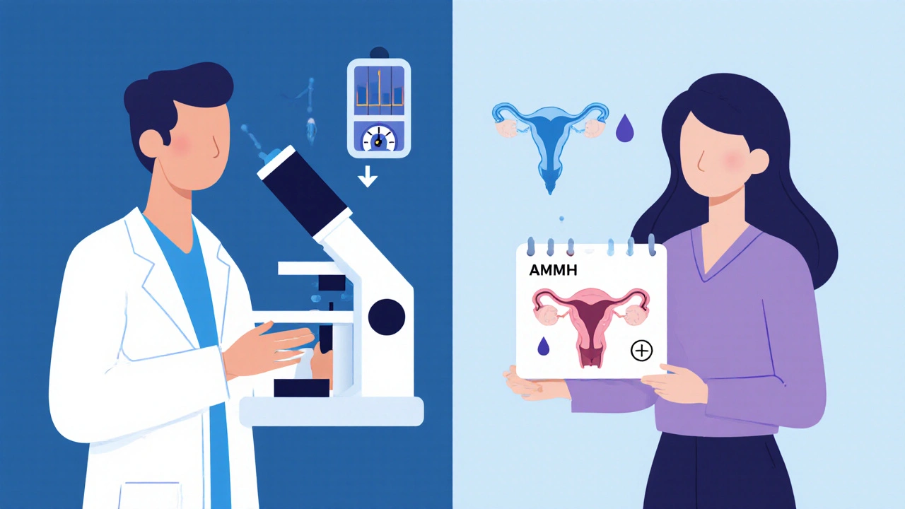 Cartoon split scene of male sperm decline and female ovarian reserve drop.