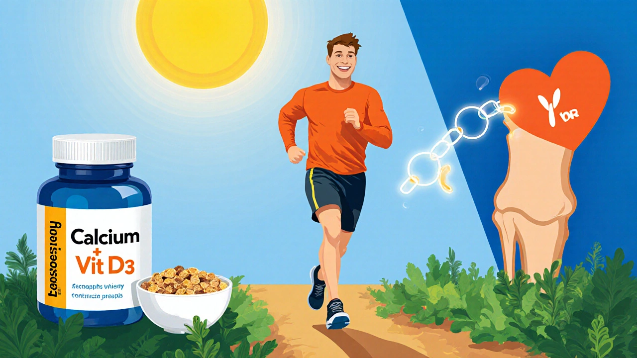 Collage of a person jogging, supplement bottle, and bone‑heart silhouettes representing healthy lifestyle.