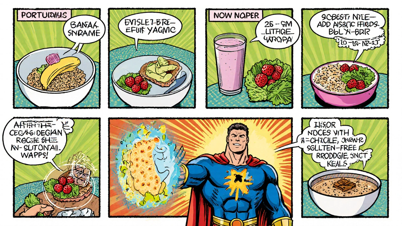 Comic grid of a 7‑day low‑FODMAP meal plan with a hero checking a pre‑meal checklist.