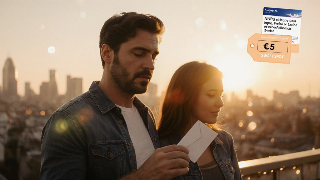 Couple on a sunset balcony, man holding prescription envelope, hinting at Snovitra benefits.