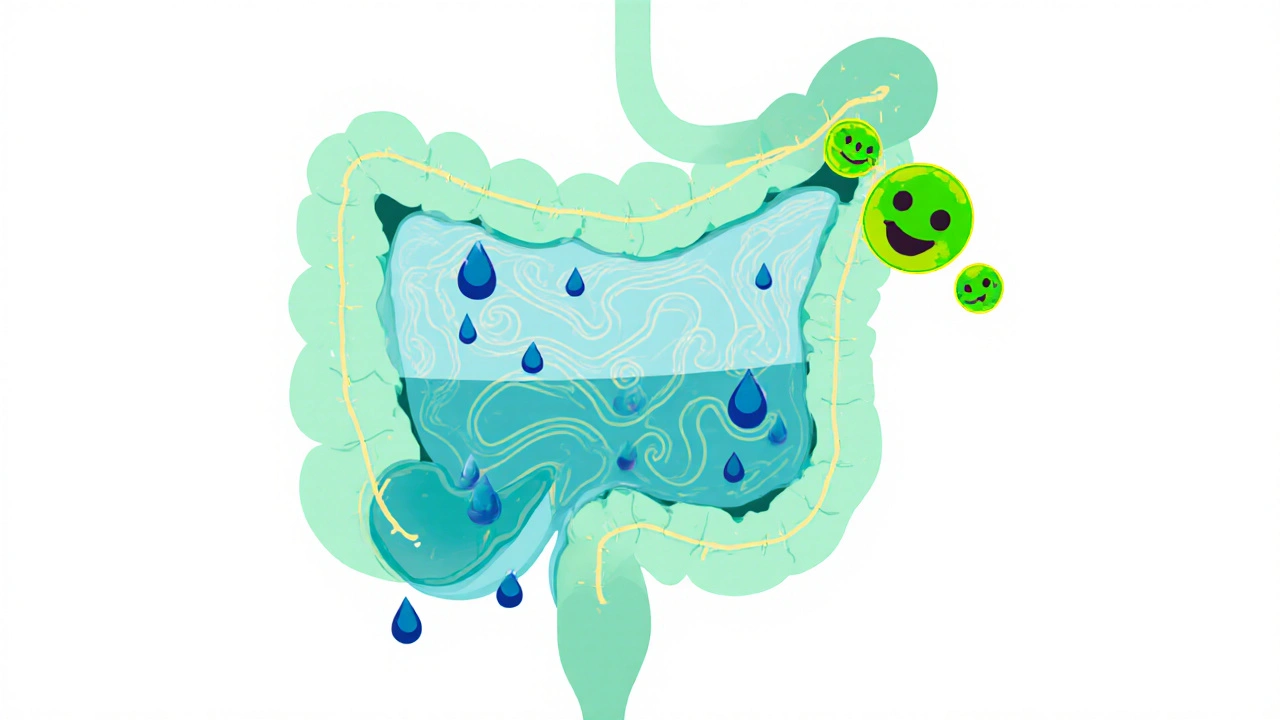 Cross‑section intestine showing gel-like soluble fiber and happy bacteria.