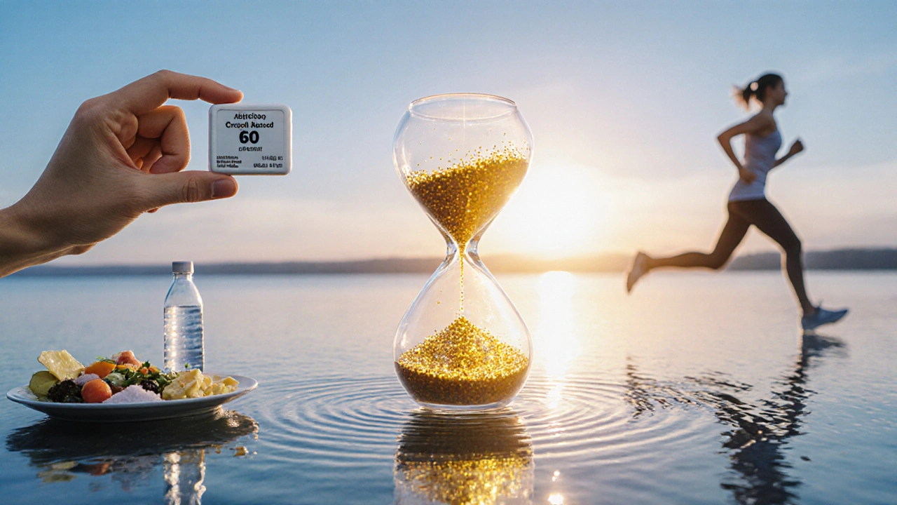 Digital art of cortisol hourglass balanced with medication, food, and exercise symbols.