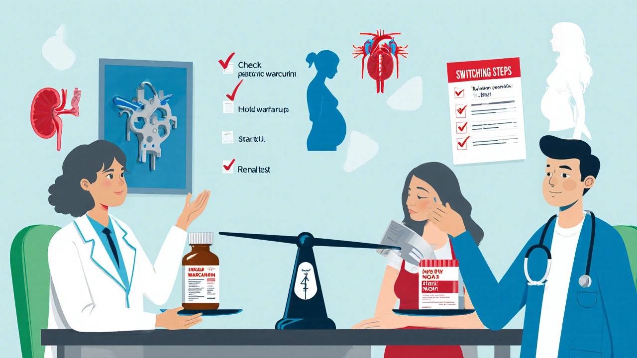 Doctor and patient reviewing a scale with warfarin and NOAC icons, plus kidney and checklist symbols.