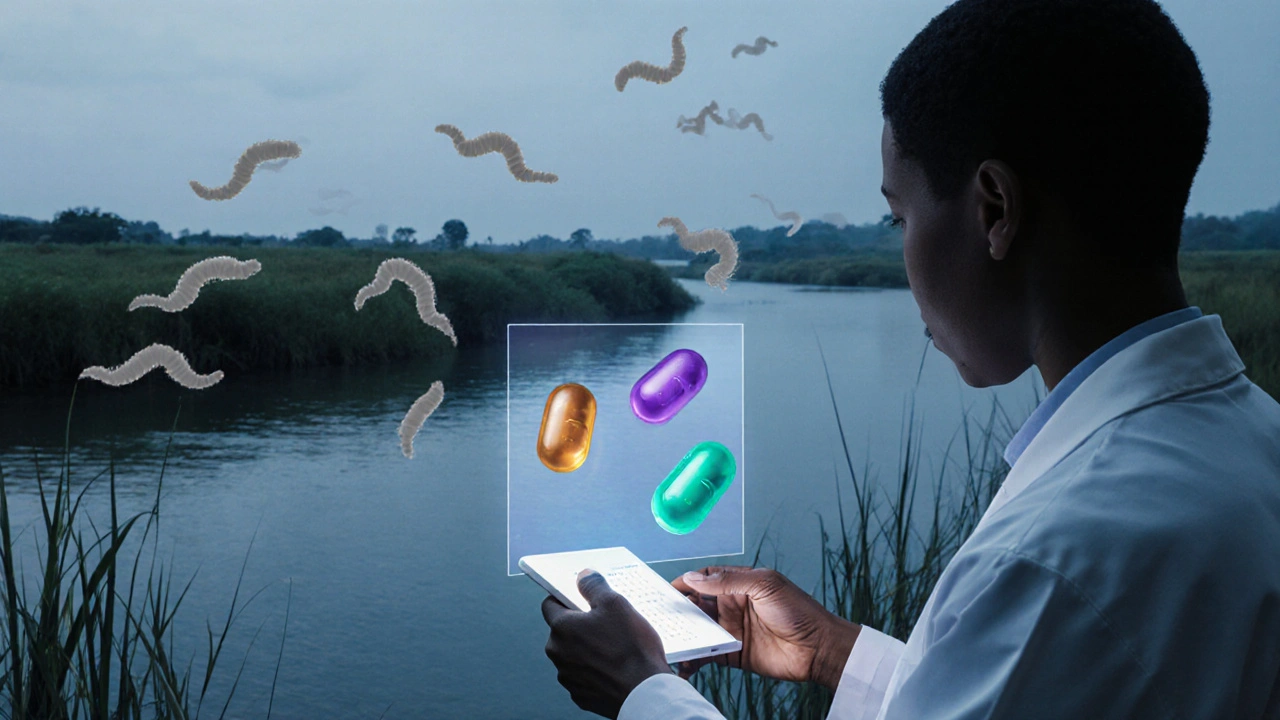 Doctor reviewing holographic drug models near a river with schistosome silhouettes.