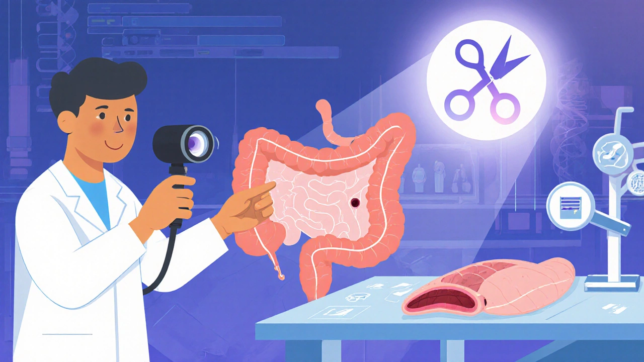 Doctor with colonoscope, surgery illustration, and CRISPR DNA editing scene.
