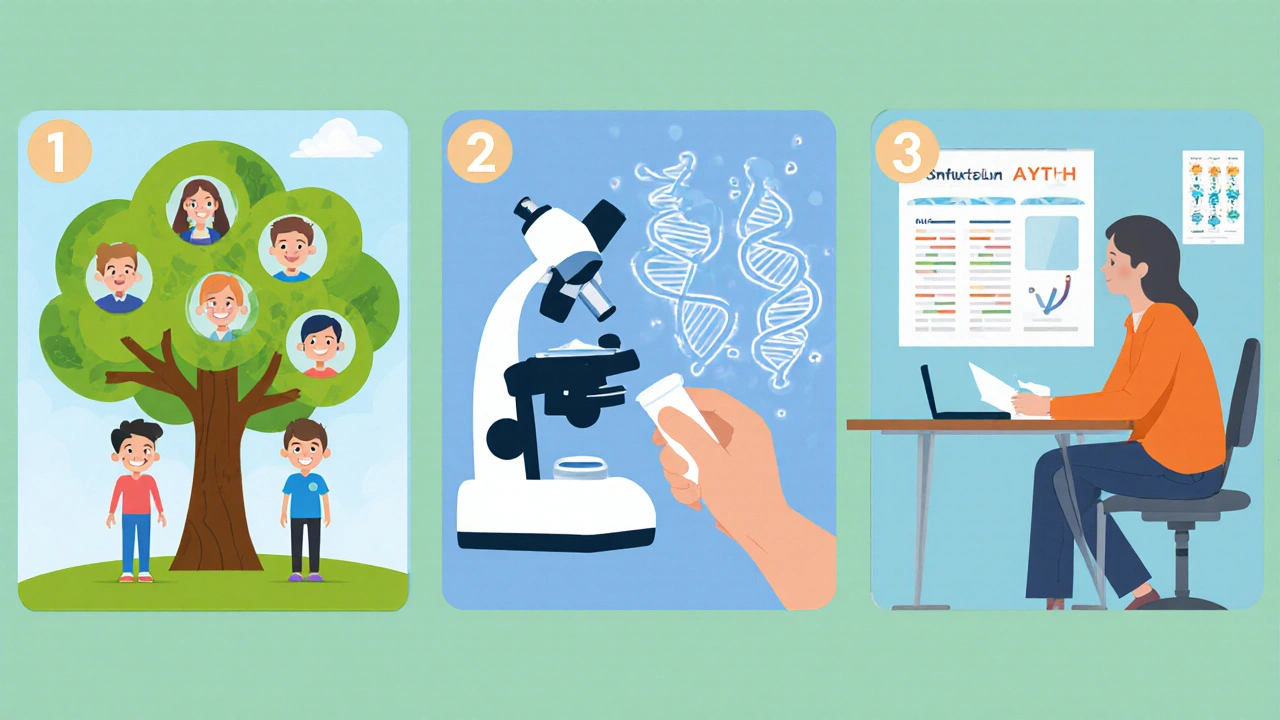Family tree, saliva sample, and counselor explaining genetic test results.