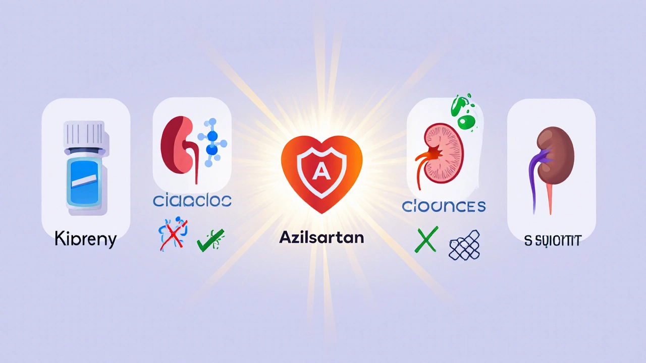 Flat design comparison of blood pressure medications, with azilsartan highlighted as most effective.