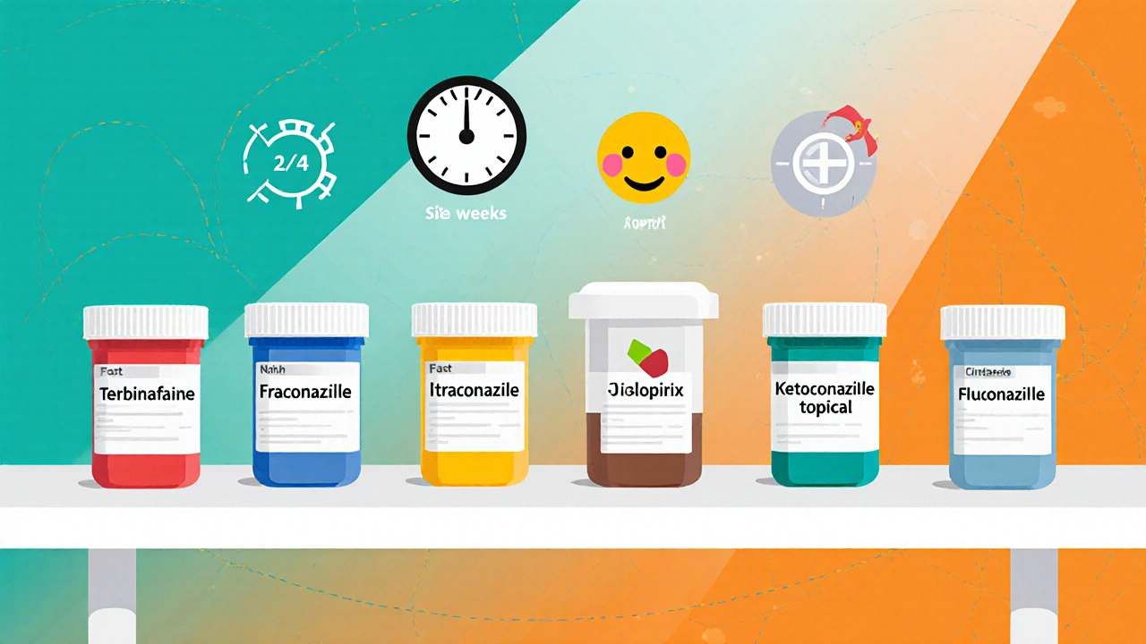 Flat design icons of modern antifungal tablets with speed and side‑effect symbols.