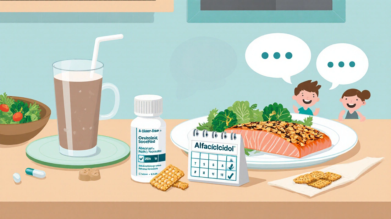 Flat design kitchen with gluten‑free meals, an alfacalcidol bottle, pill organizer, and calendar.