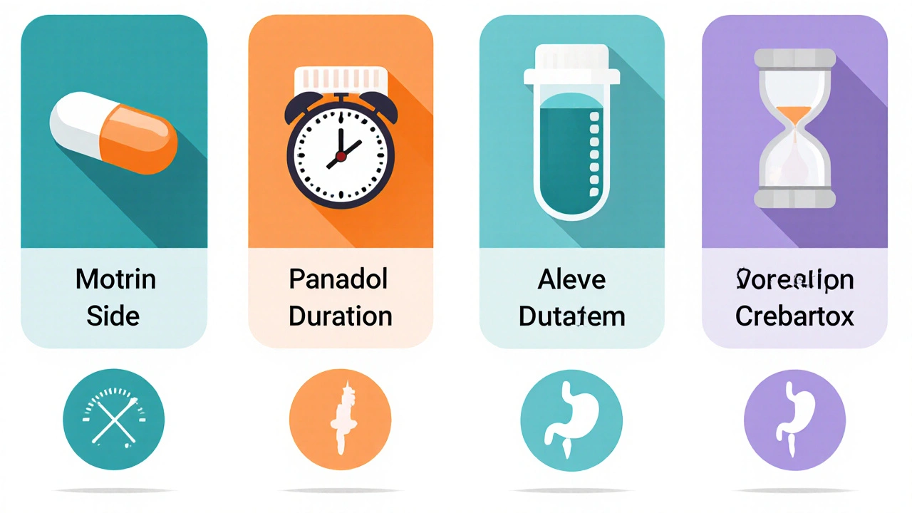 Flat illustration cards comparing six OTC pain relievers with icons for onset, duration, and side effects.