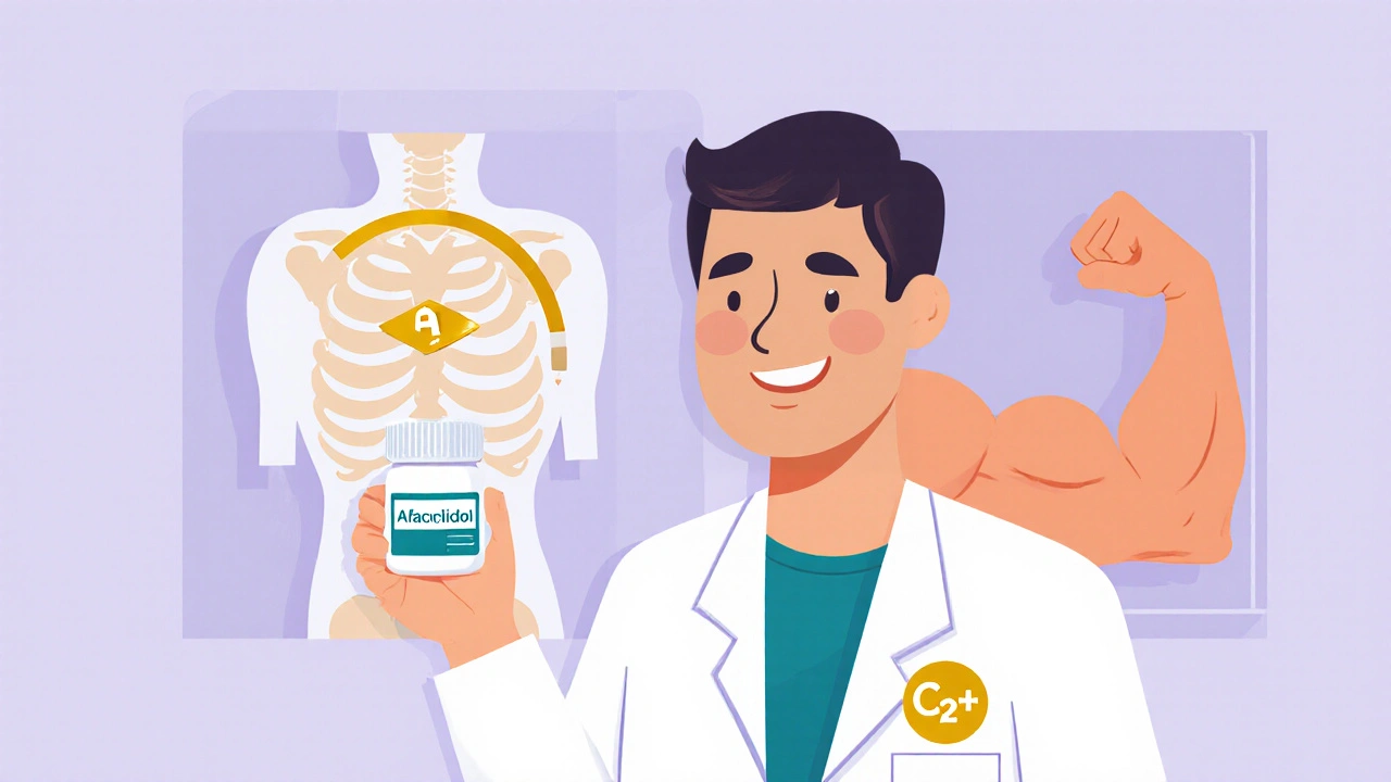 Flat illustration of a person taking a tablet, with rising bone density and stronger muscles.