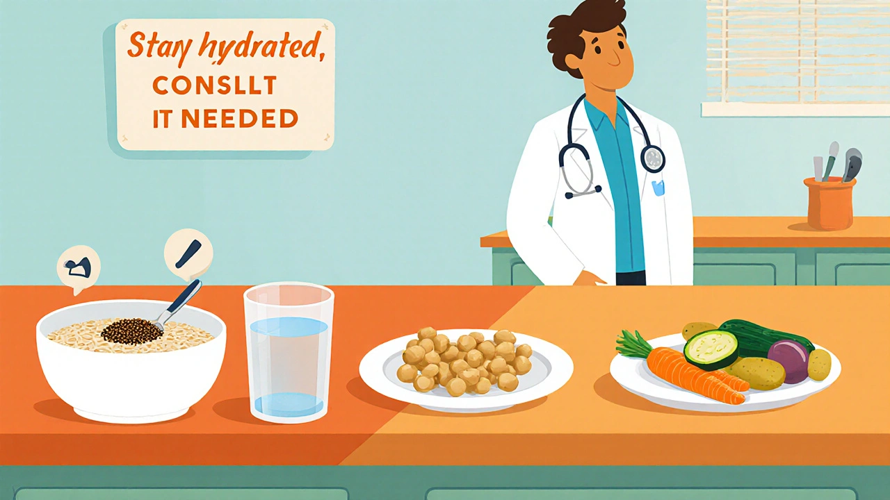 Flat illustration of daily meals with fiber foods and a doctor figure.
