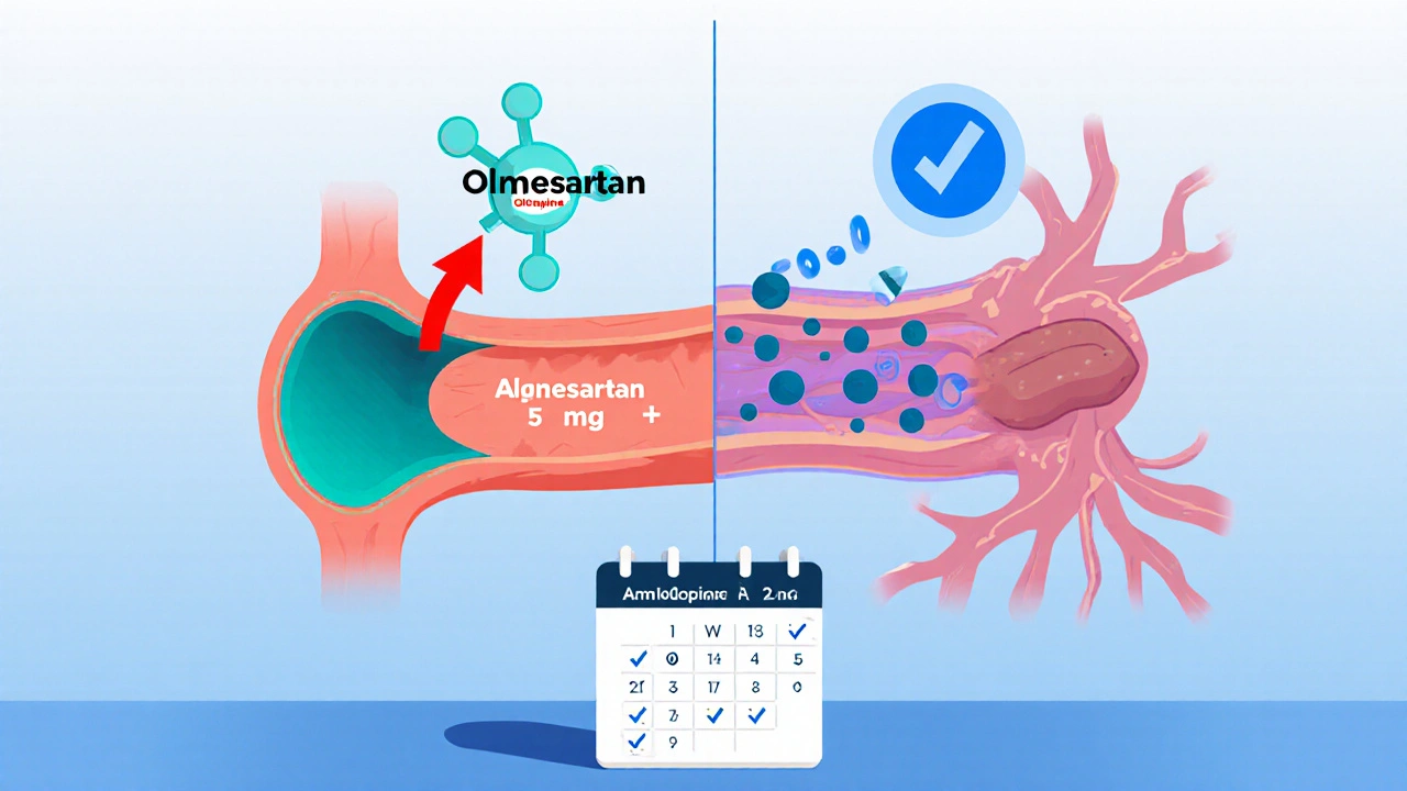 Flat illustration of drug mechanisms: Olmesartan blocking angiotensin II and Amlodipine blocking calcium, with a combo pill and calendar.
