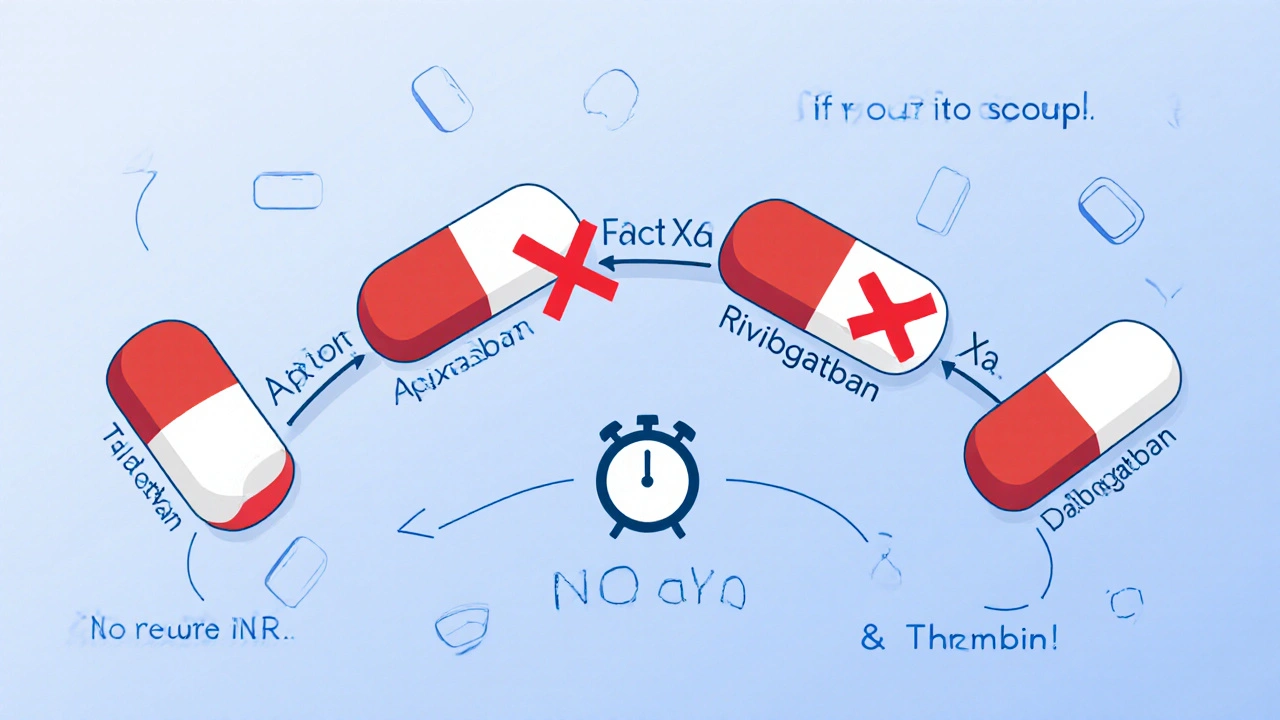 Four tablet icons around a clotting cascade diagram showing NOACs blocking specific steps.