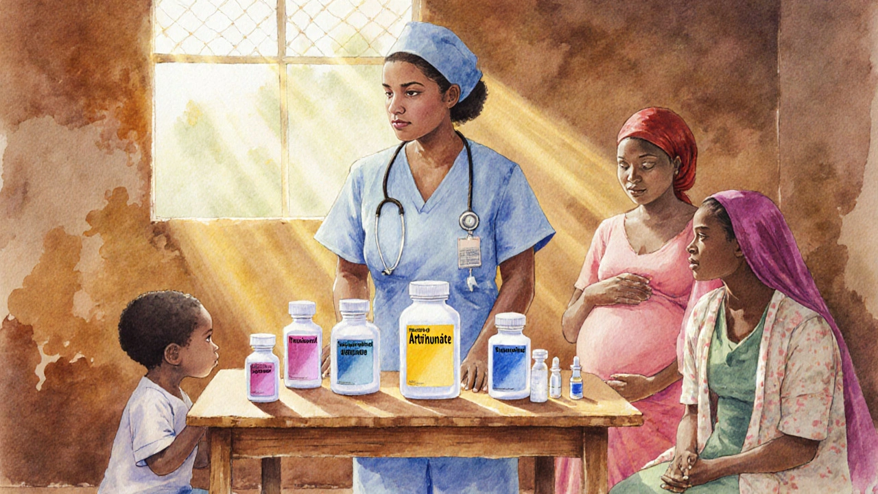 Health worker displaying various parasite medicines to a child and pregnant patient.