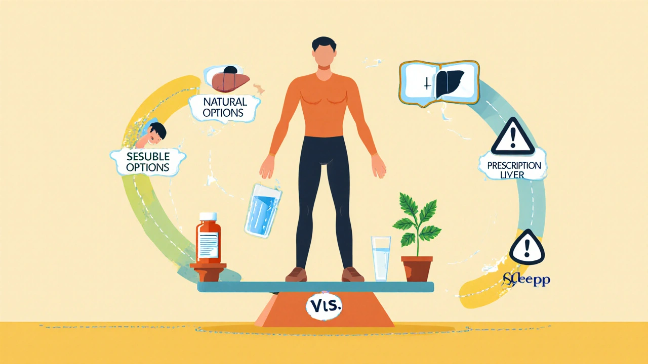 Human figure balancing pill use against sleep, nutrition, and natural wellness on a scale