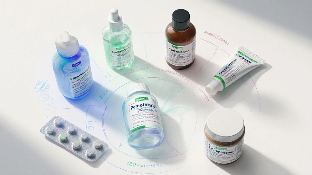 Illustration of six scabies treatment products arranged on a clinical table.