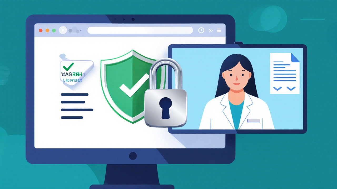 Illustration showing secure pharmacy verification symbols and a doctor video call.