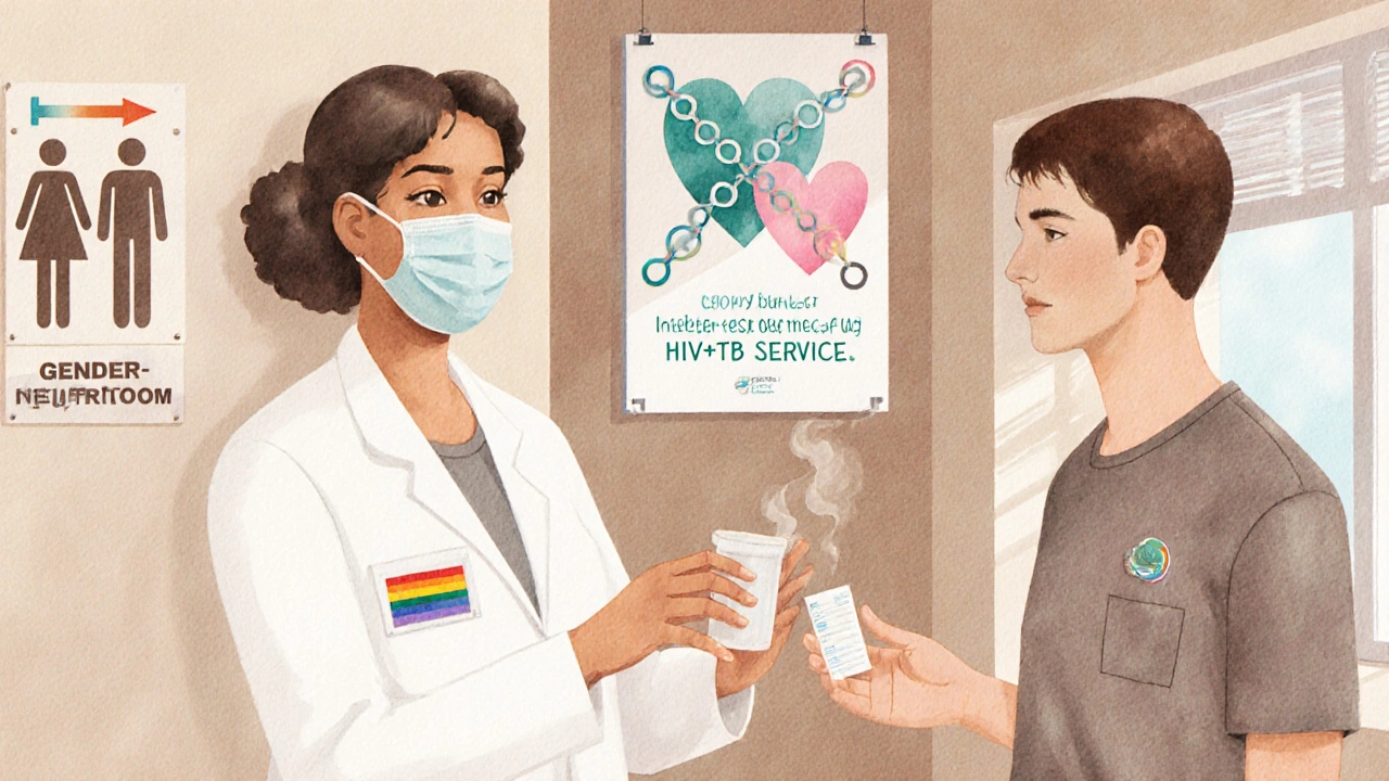 Inclusive health clinic scene showing LGBTQ+ patient receiving TB screening alongside HIV counseling.