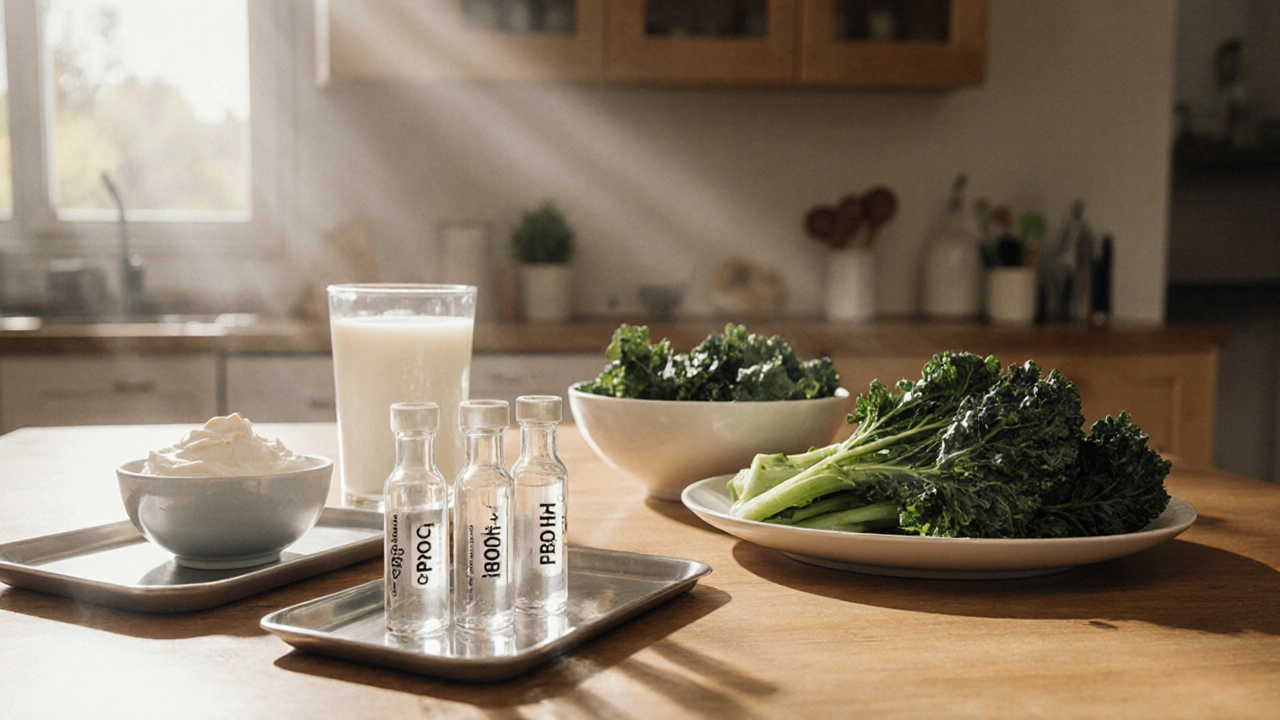 Kitchen table with calcium‑rich foods, sunlight, and lab vials showing calcium, phosphate, and PTH levels.