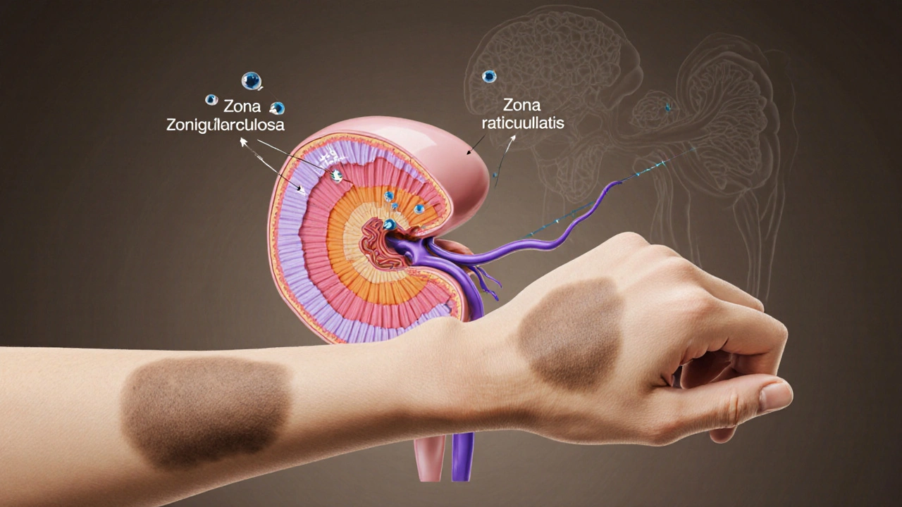 Medical illustration of adrenal glands showing cortical zones and ACTH stimulation.