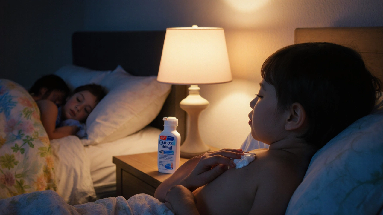 Mother applying Eurax lotion to toddler&#039;s skin under a soft nightlight.
