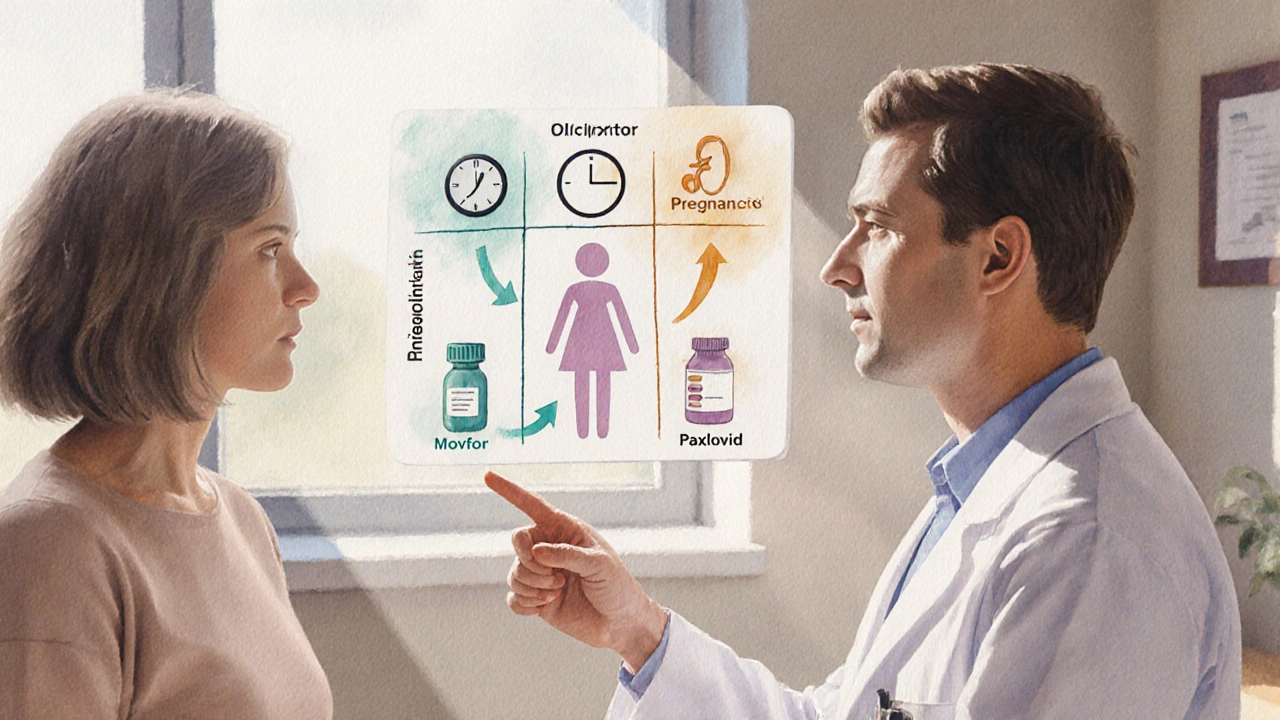 Patient and doctor reviewing a pastel decision diagram for choosing a COVID‑19 antiviral.