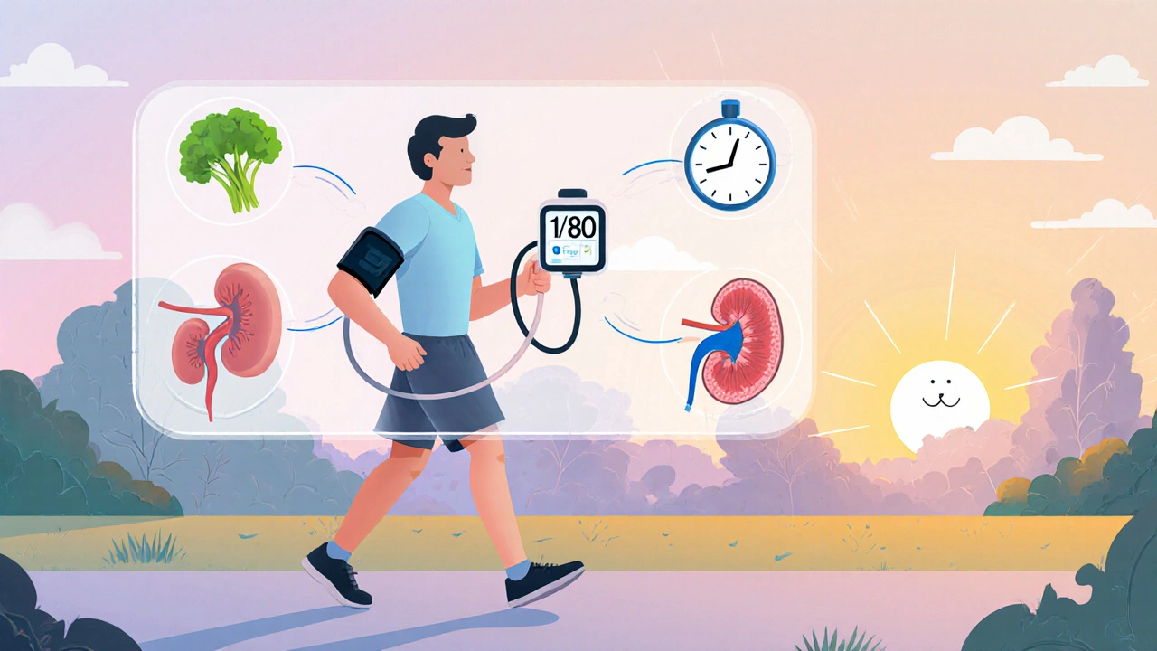 Patient walking in park with improved health indicators visible through transparent body overlay.