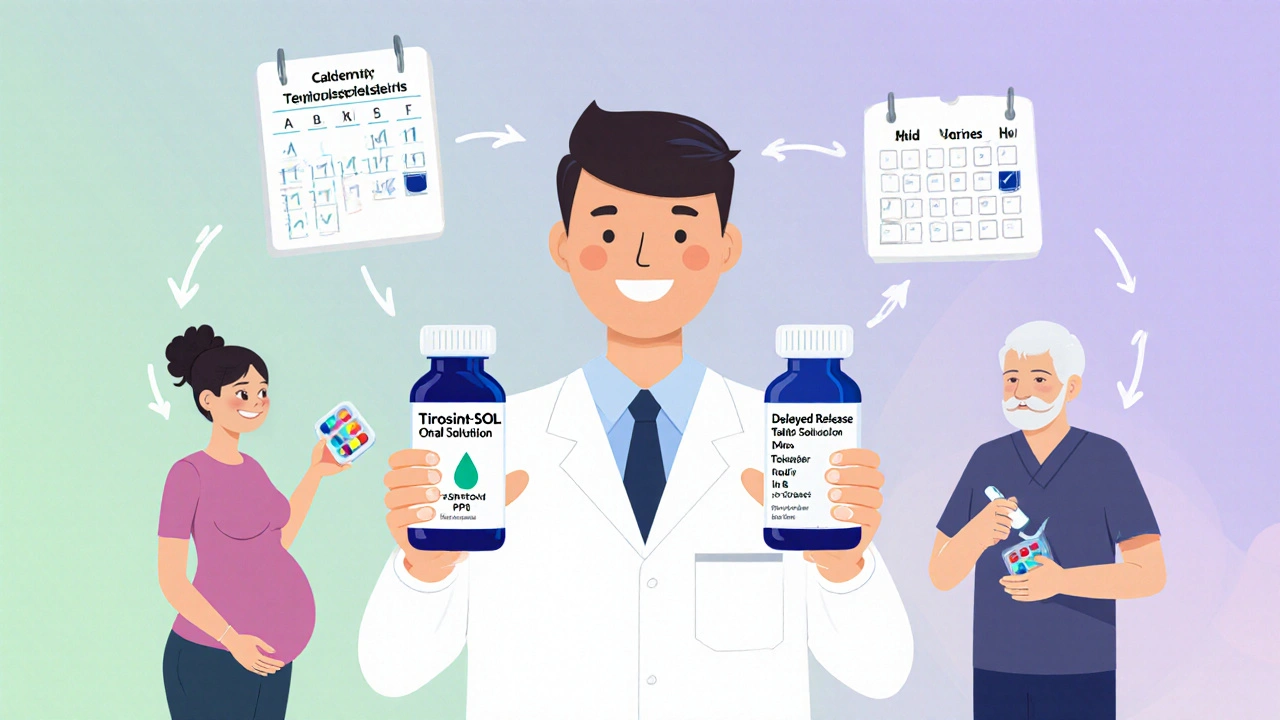 Pharmacist presents oral solution and delayed‑release tablet to diverse patients.