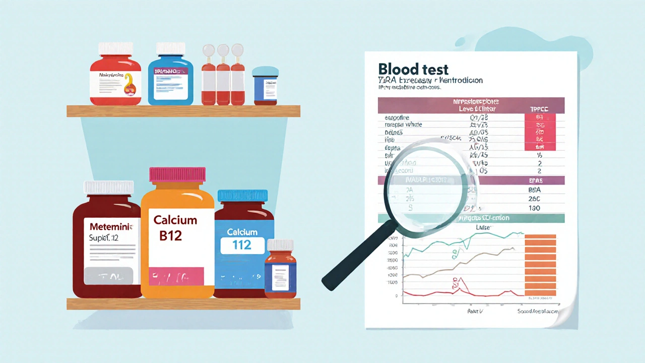 Pharmacy shelf with metformin, calcium, and B12 next to a blood test report with key markers.