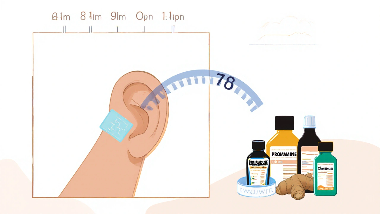 Scopolamine patch behind ear with ginger and acupressure band nearby