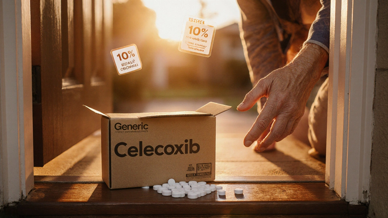 Senior receiving a delivery box of generic celecoxib tablets at home.