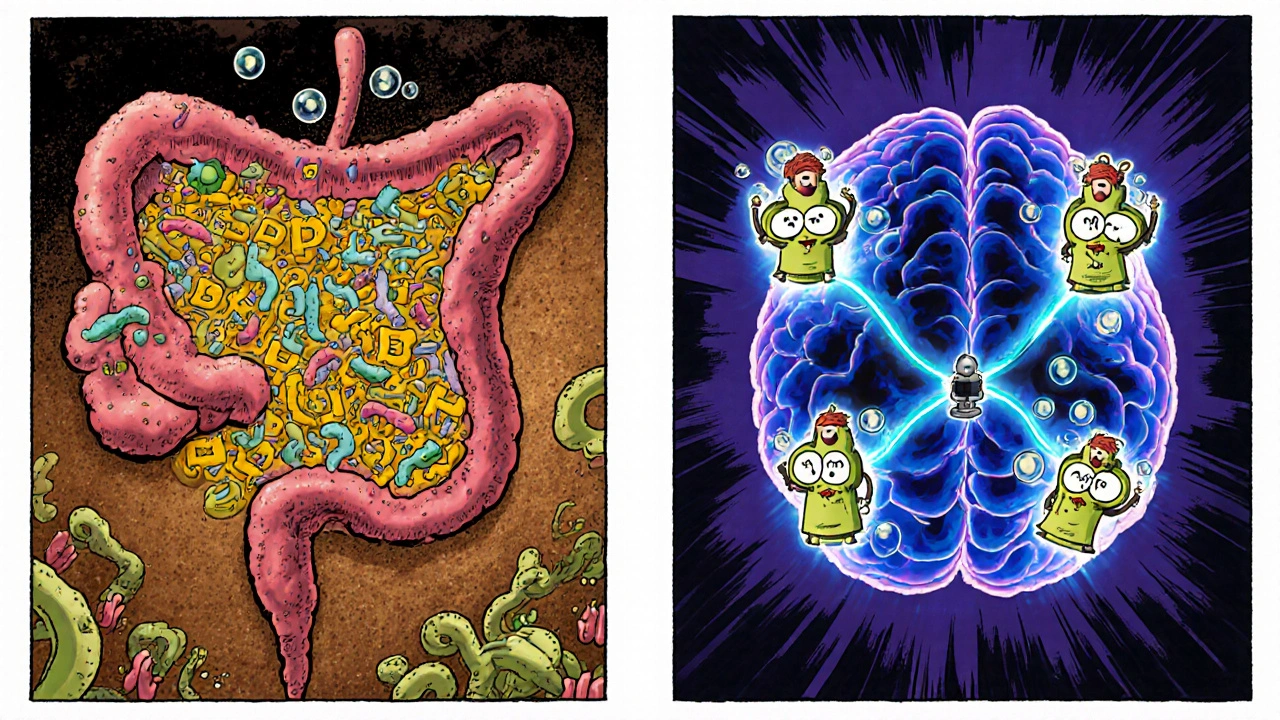 Split comic panel linking gut bacteria releasing vitamins to brain neurotransmitters.