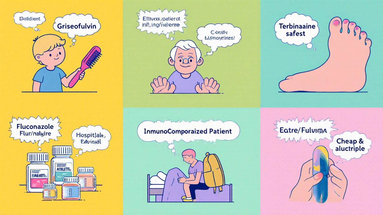 Split‑scene cartoon showing five patients with thought bubbles indicating different antifungal choices.