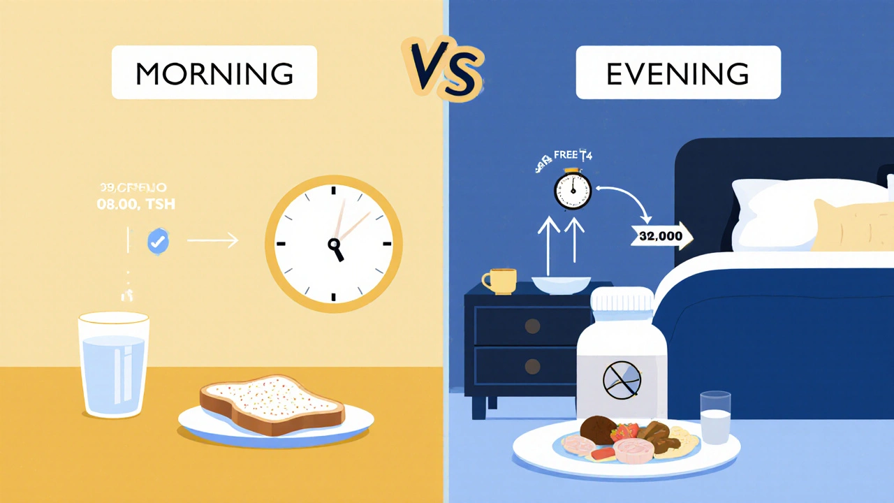 Split scene shows morning fasting pill routine versus evening after‑dinner dosing.