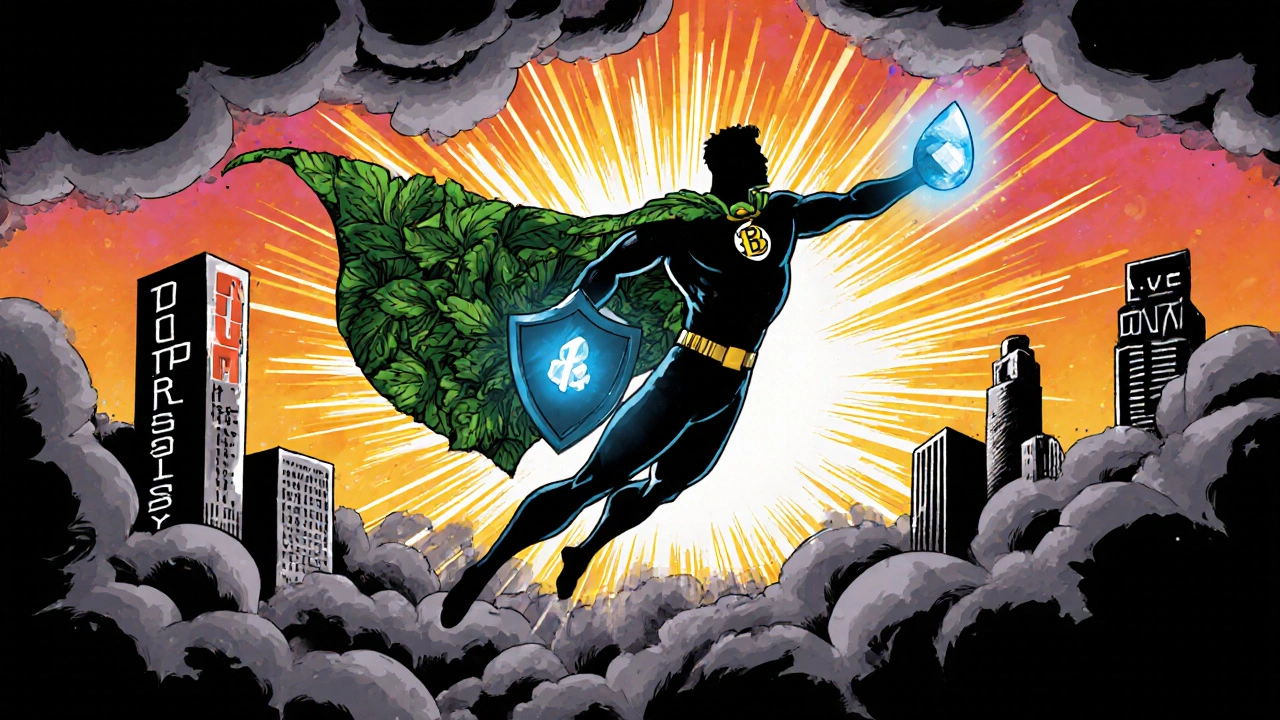 Superhero of healthy habits disperses a dark cloud of depression over a city.