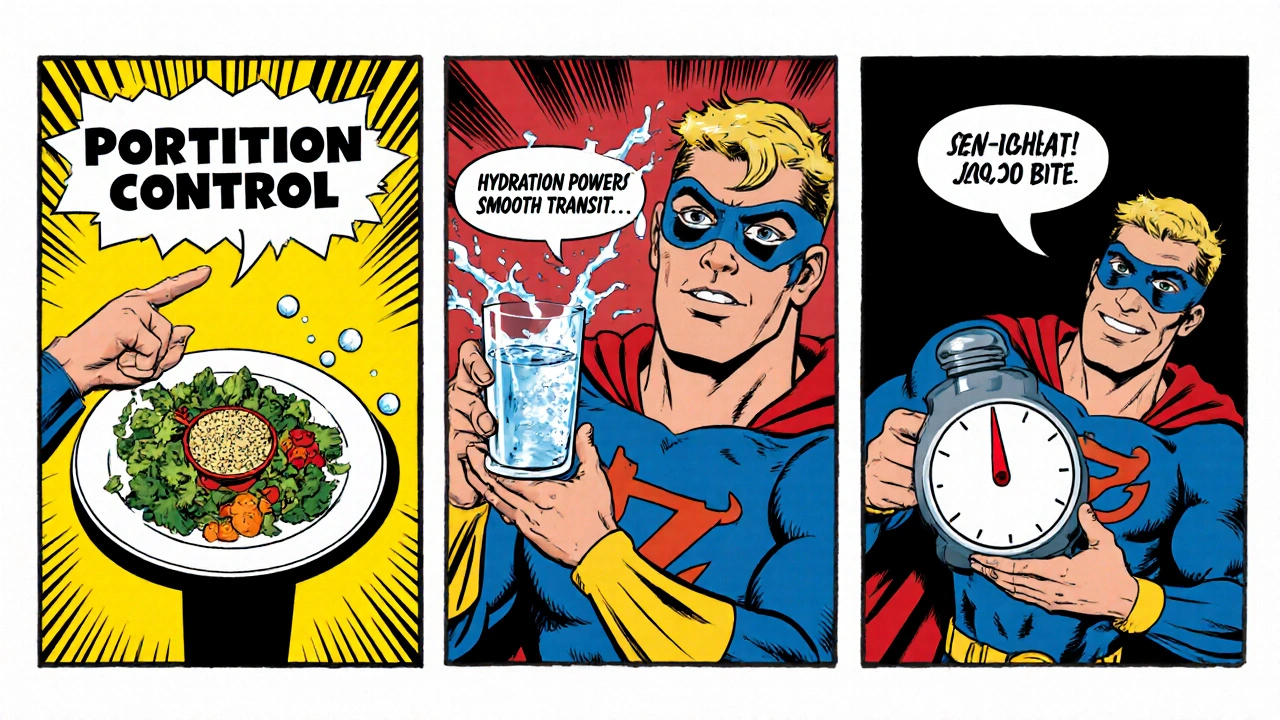 Superhero points to four diet tips: portion control, hydration, mindful chewing, and low sodium.