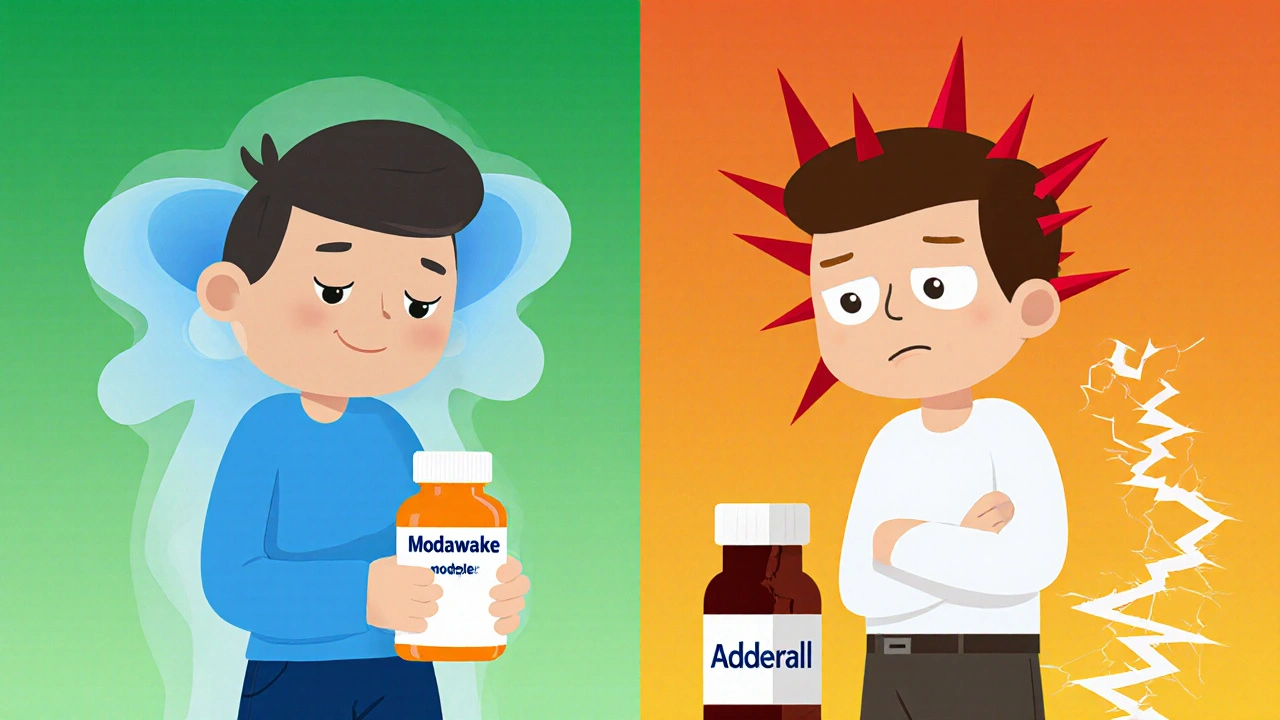 Two figures comparing modafinil's calm focus to stimulant-induced anxiety and crash