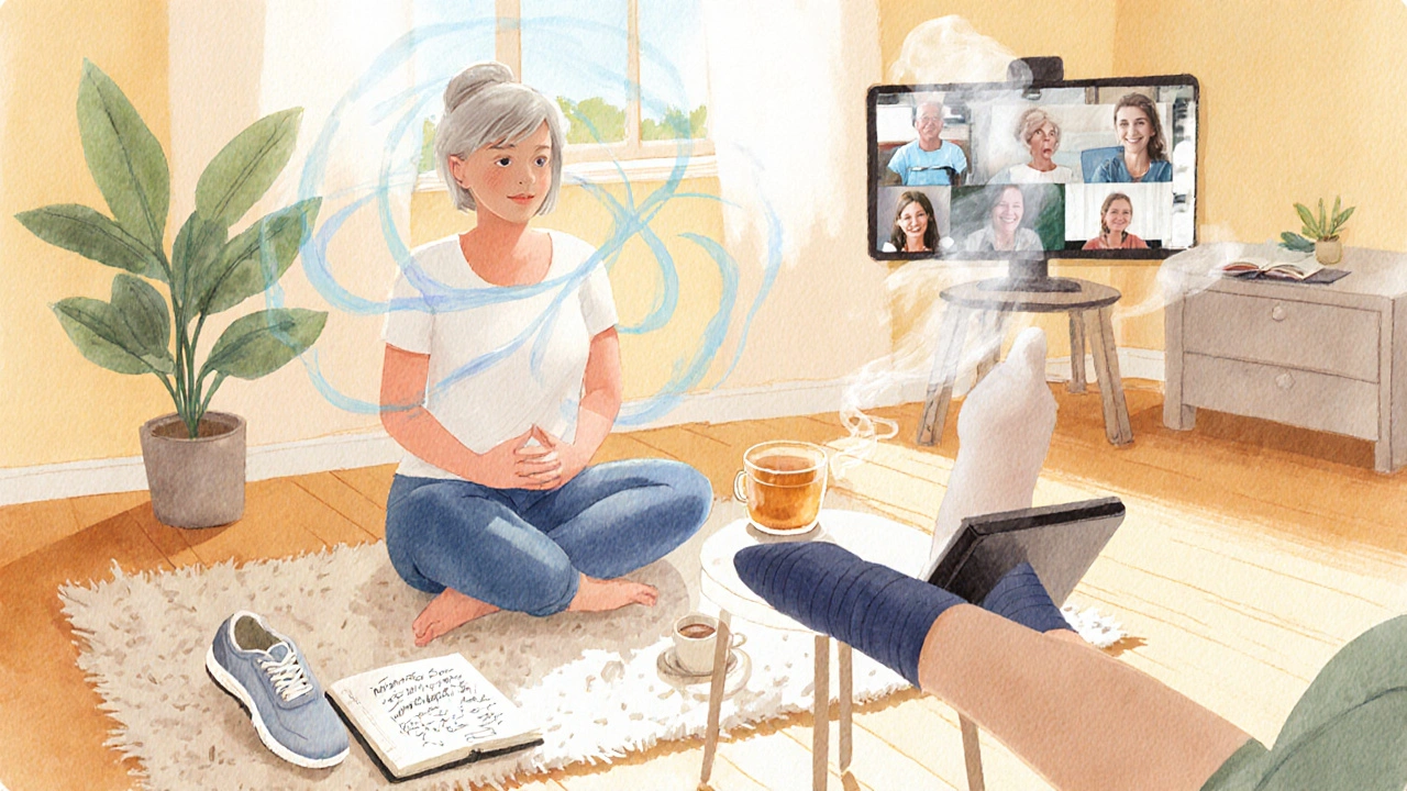 Woman practicing mindfulness at home with journal, support video call, and compression stocking visible.