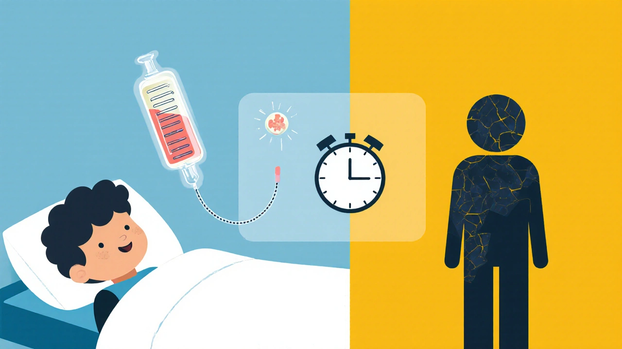 A child receiving gene therapy with a healthy muscle forming beside them, contrasting with disease progression.