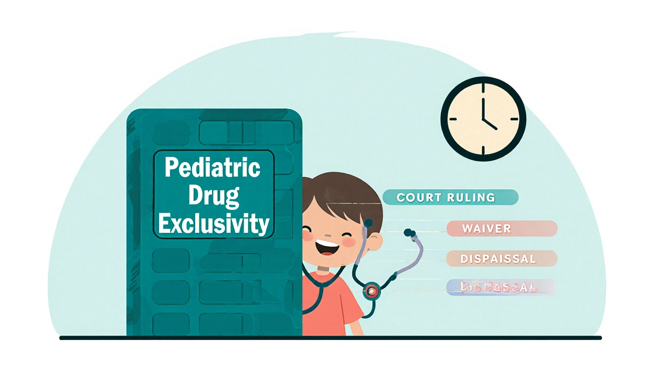 A generic drug blocked by a wall labeled Pediatric Exclusivity, with three legal pathways beside it.