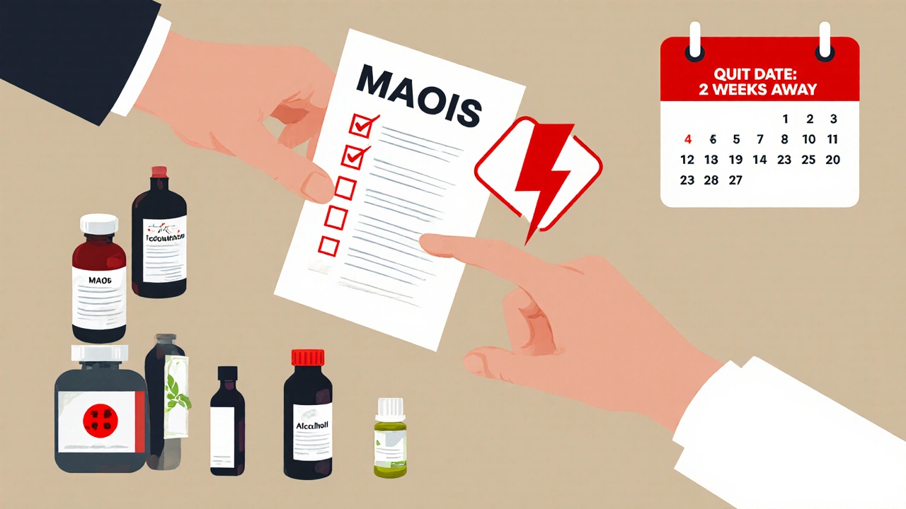 A person at a pharmacy counter handing a list of medications to a doctor, with warning symbols visible.