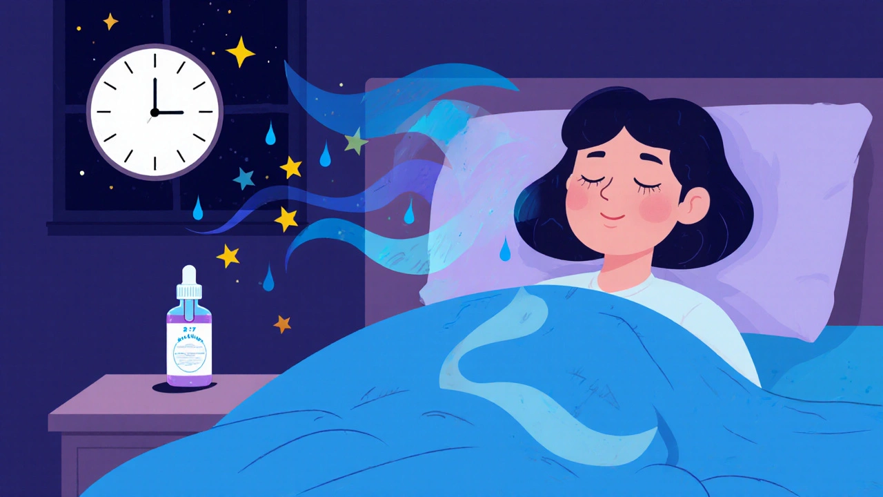 A person sleeping peacefully with a calming tincture bottle emitting soft waves at night.
