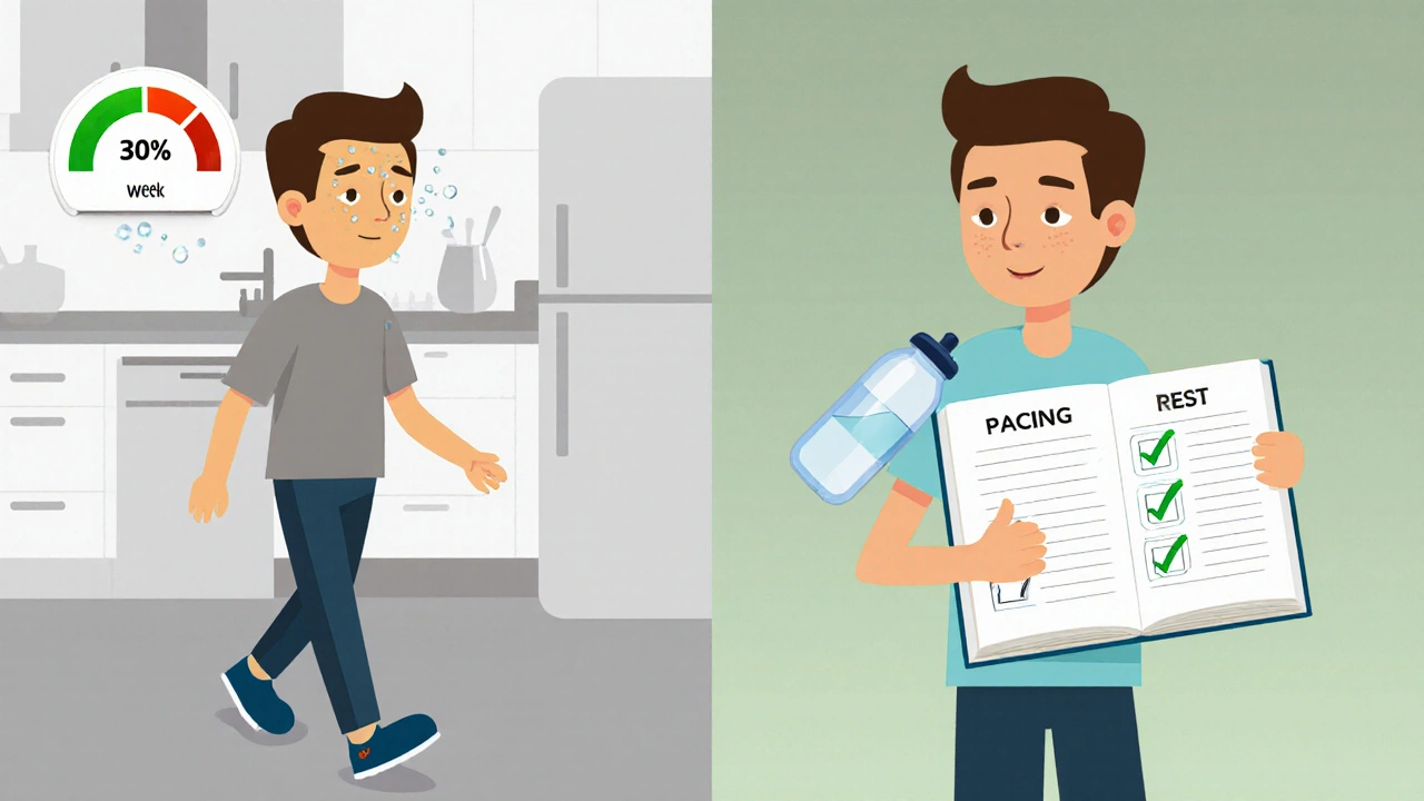 A person slowly increasing energy levels using pacing method, with icons showing activity, rest, and hydration.