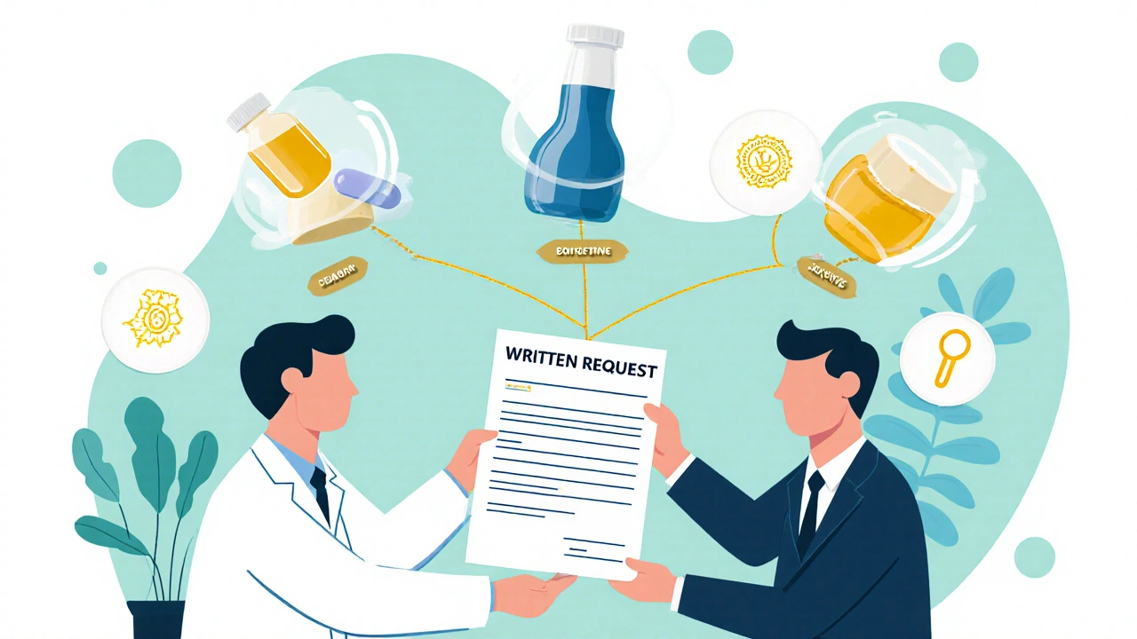 A scientist giving a written request to a pharma executive, with three drug forms linked by one thread.