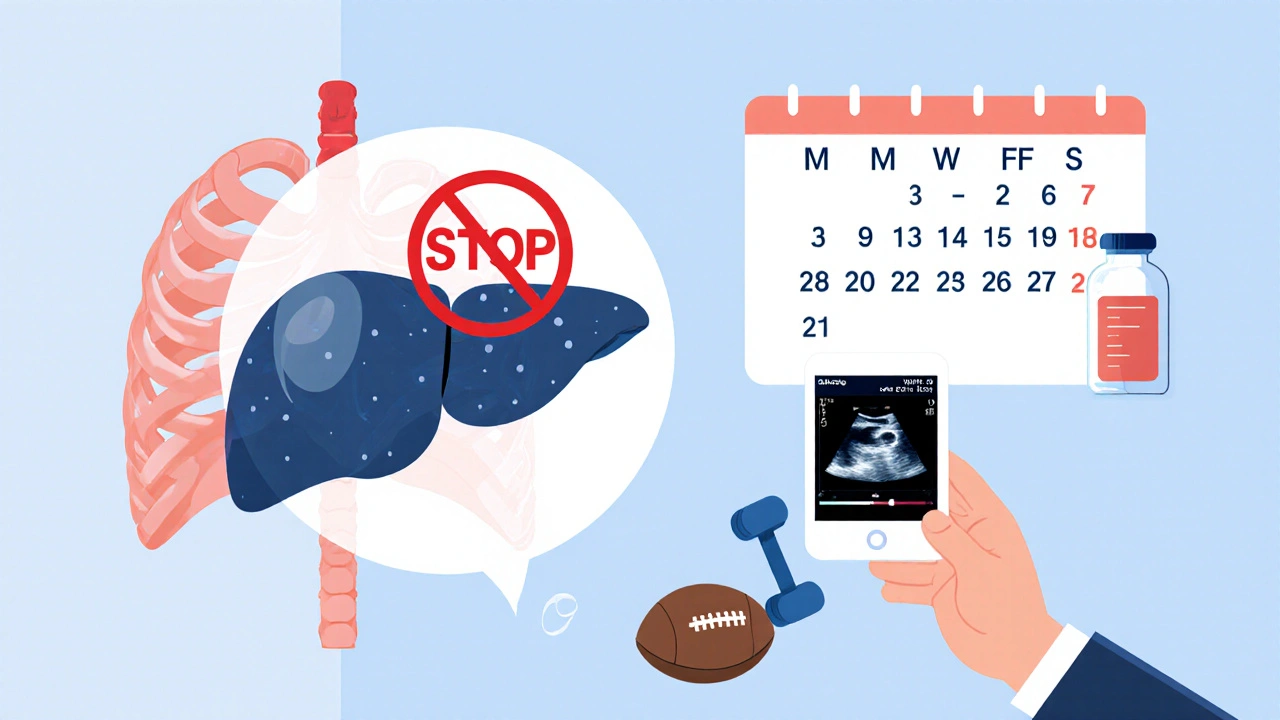 A translucent spleen under ribs with safety signs, ultrasound showing recovery, and vaccine in background.