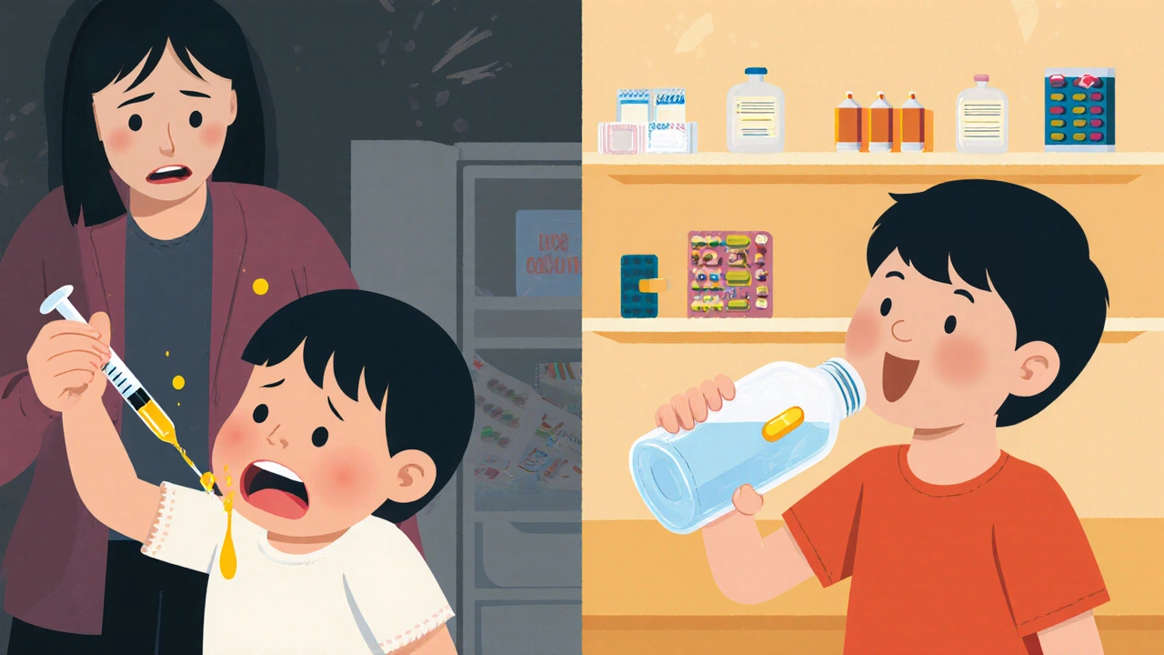 Contrast between messy liquid medicine and calm tablet administration in a home setting.